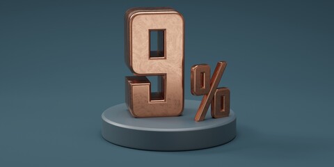 3D render 9% percentage number gold style for discount