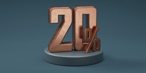 3D render 20% percentage number gold style for discount