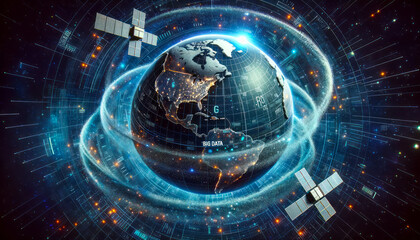 3D graphic of multi-layered digital globe with swirling data patterns around it. Satellites orbit the globe, sending and receiving data streams, with Big Data shining as the focal point in the cosmos.