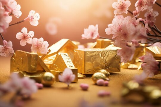 An image depicting cherry blossoms with golden 2b shaped objects. Generative AI