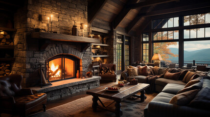 A cozy log cabin interior, featuring a stone fireplace, rustic wooden beams, and plaid blankets - obrazy, fototapety, plakaty