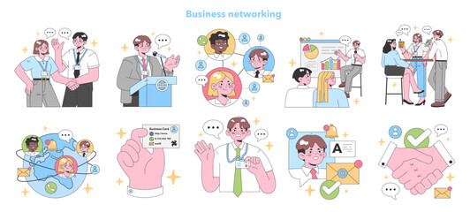 Business networking set. Professionals connect and share insights. Meeting at conferences, global outreach, and effective communication. Building trust, exchanging cards, digital contact.