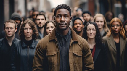Fototapeta premium Large group of people standing in the street with focus on a black man looking at camera generative ai.