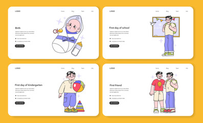 Childhood and teenager years web banner or landing page set. Life milestones. Little boy getting old and gain new experience. Flat vector illustration