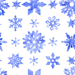 Fototapeta premium Seamless pattern watercolor filigree snowflakes with aquarelle texture violet blue splatters,dots,splashes in different shapes on white background.Backdrop for christmas,new year,X-mas