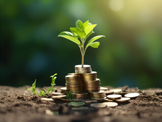 A sapling growing from a pile of coins, symbolizing concepts like savings and wealth growth - obrazy, fototapety, plakaty