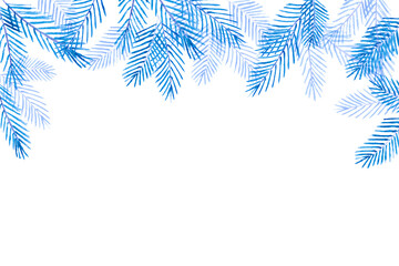 Fototapeta na wymiar Watercolor frame mock up with frost blue colored fir conferious christmas tree branches twigs isolated on white background with copy space.Decoration for christmas new year xmas party