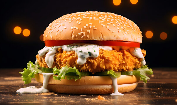 delicious fish burger with a golden, crispy panko-breaded fish fillet, lettuce, tomato, red onion, creamy tartar sauce, food photography