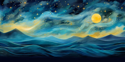 banner background, Fairytale magical sky with stars and moon. Gentle ocean waves on the bottom. Mystery scene for stargazers for mobile web, labels and adds. Vibrant teal, blue and yellow colors. chan - obrazy, fototapety, plakaty