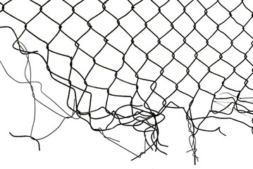 The texture of the metal mesh. Torn, destroyed, broken metal mesh on a white background
