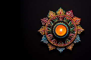 Naklejka premium Happy Diwali background - Colorful Clay Diya lit during Deepavali festival on black background top down view