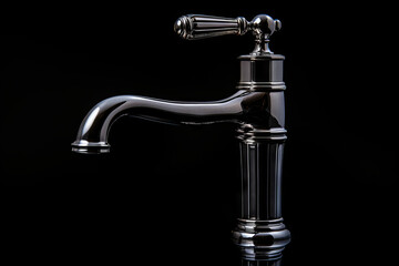 Chrome faucet with black background and black background.