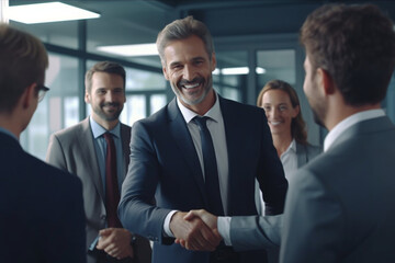 A group of people negotiating and reaching a consensus, sealing the deal with handshakes to signify a business collaboration