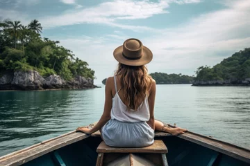 Foto op Canvas Woman traveling sitting boat with island view © OLKS_AI