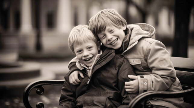Two boys hugging one another on a bench.