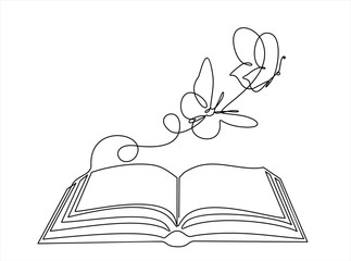 Continuous one line drawing of open book with flying butterflies. Vector illustration on white background.