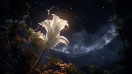 A mesmerizing night scene featuring an Angel's Trumpet flower under the soft glow of the moonlight.