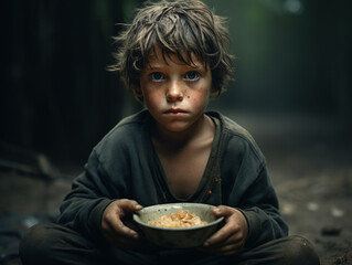 A child refugee in the midst of war, living in a slum, experiencing hunger, and poverty