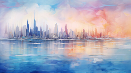 City skyline art concept illustration, wallpaper or background, rainbow colors