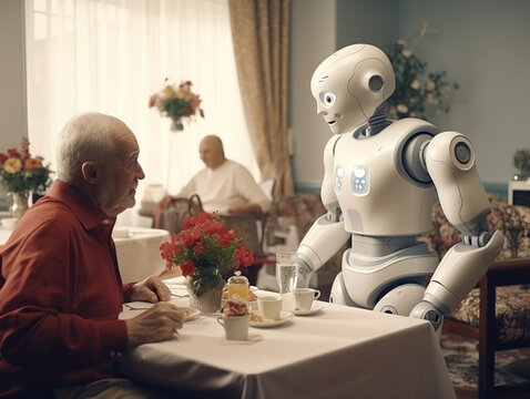 An AI robot assisting in the daily life of an elderly person, showcasing the potential of technology in elderly care, futuristic concept, futurism