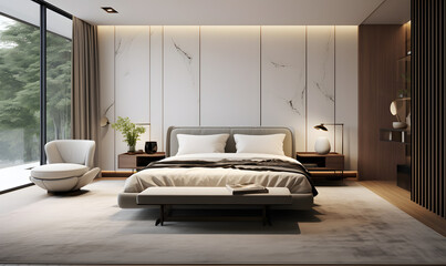Modern luxury understated bedroom design, interior design, floor to ceiling windows, example, template