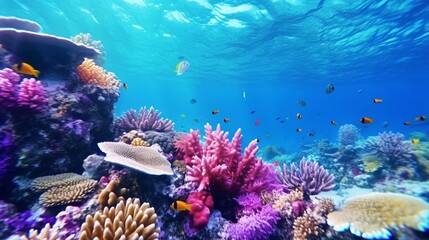 A mesmerizing underwater world with Velvet Violet coral reefs, exotic fish, and crystal-clear waters.