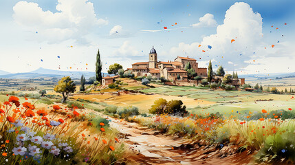 Watercolor painting of Tuscany view