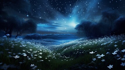 A mesmerizing view of a Stardust Stephanotis field under a starry night sky, the flowers...