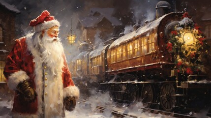 Santa Claus in red outfit walking beside a vintage train on a snowy night, festive town in the background. - obrazy, fototapety, plakaty