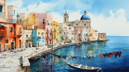 Watercolor painting of Naples, Italy