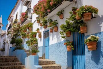 Fototapeta na wymiar Blue potted floral facade in Mijas, Malaga, Andalusia, Spain. Generative AI
