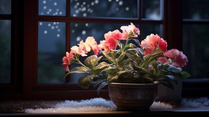 A Moonbeam Begonia in a decorative pot on a windowsill, with the moonlight casting an enchanting glow.