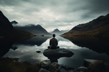 Man in yoga pose on a lake overlooking a nice landscape. New Year resolutions. - obrazy, fototapety, plakaty