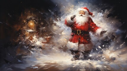 Santa Claus standing amidst a snowy storm, holding a lantern illuminating his path. - obrazy, fototapety, plakaty
