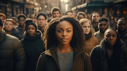 Large group of people standing in the street with focus on a black woman looking at camera generative ai. - obrazy, fototapety, plakaty