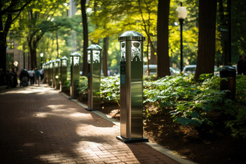 Sunlit walkway in an urban park, with pedestrians strolling among tall trees and modern lampposts.