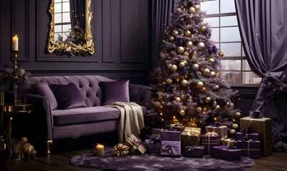 A modern luxurious Christmas-themed living room with a purple and gold color scheme