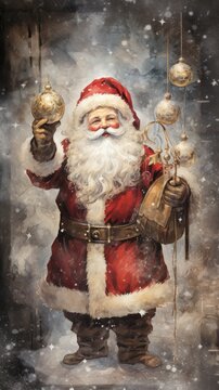 A festive image capturing Santa Claus holding shimmering golden bells, standing amidst a snowy backdrop, conveying the holiday spirit.