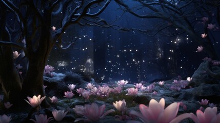 A Moonlit Magnolia garden with petals gently falling to the ground in the stillness of the night.