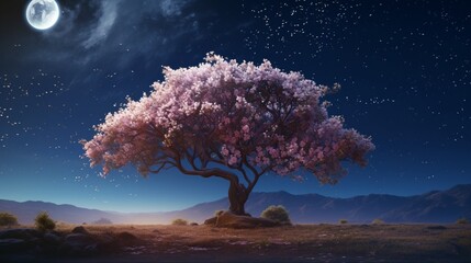 A Moonlit Magnolia tree in the foreground with a vast, star-studded sky in the background.