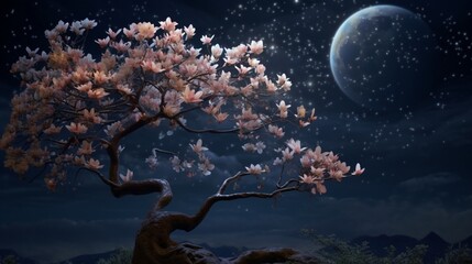 A Moonlit Magnolia tree standing tall against a starry night sky.