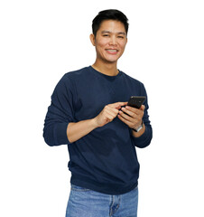 close up asian man hold mobile cell phone device and looking isolated on transparent background for...
