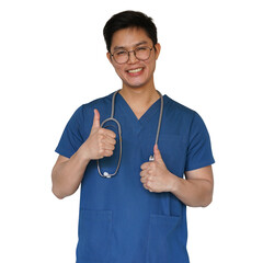 Asian specialist doctor man smile during make thumb up sign on transparent background for good...