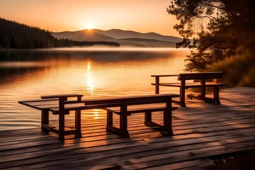 Naklejka premium Two wooden chairs bench on a wood pier overlooking a lake at sunset