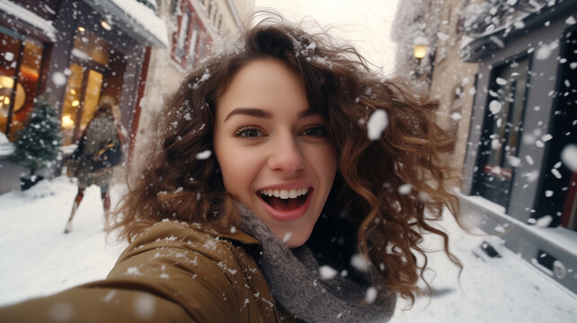 Young happy curly hair girl taking selfie in winter in the street. Smiling and taking picture of herself. Looking to the Camera. In the street hard snowing