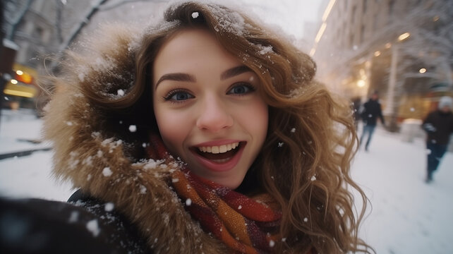 Young happy girl taking selfie in winter in the street. Smiling and taking picture of herself. Looking to the Camera. In the street hard snowing