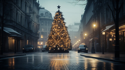 Beautiful Christmas tree with lights in the middle of the city street. Cozy street with European style. Christmas Eve - obrazy, fototapety, plakaty