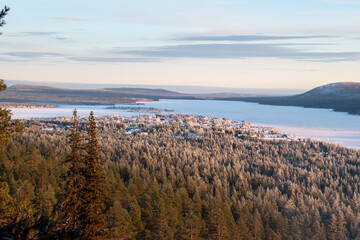 Winter landscape of the town of Jukkasjarvi, Sweden. Situated in the north of Sweden in Kiruna...