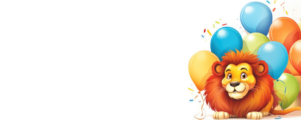 Funny cartoon cute lion with color baloons on white background.