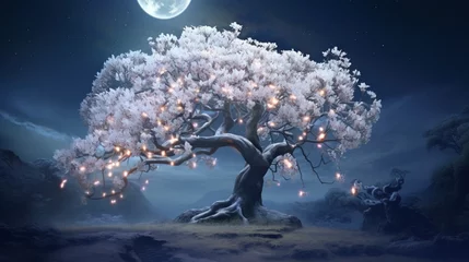 Gordijnen A Moonstone Magnolia tree in full bloom under the soft moonlight. © Anmol
